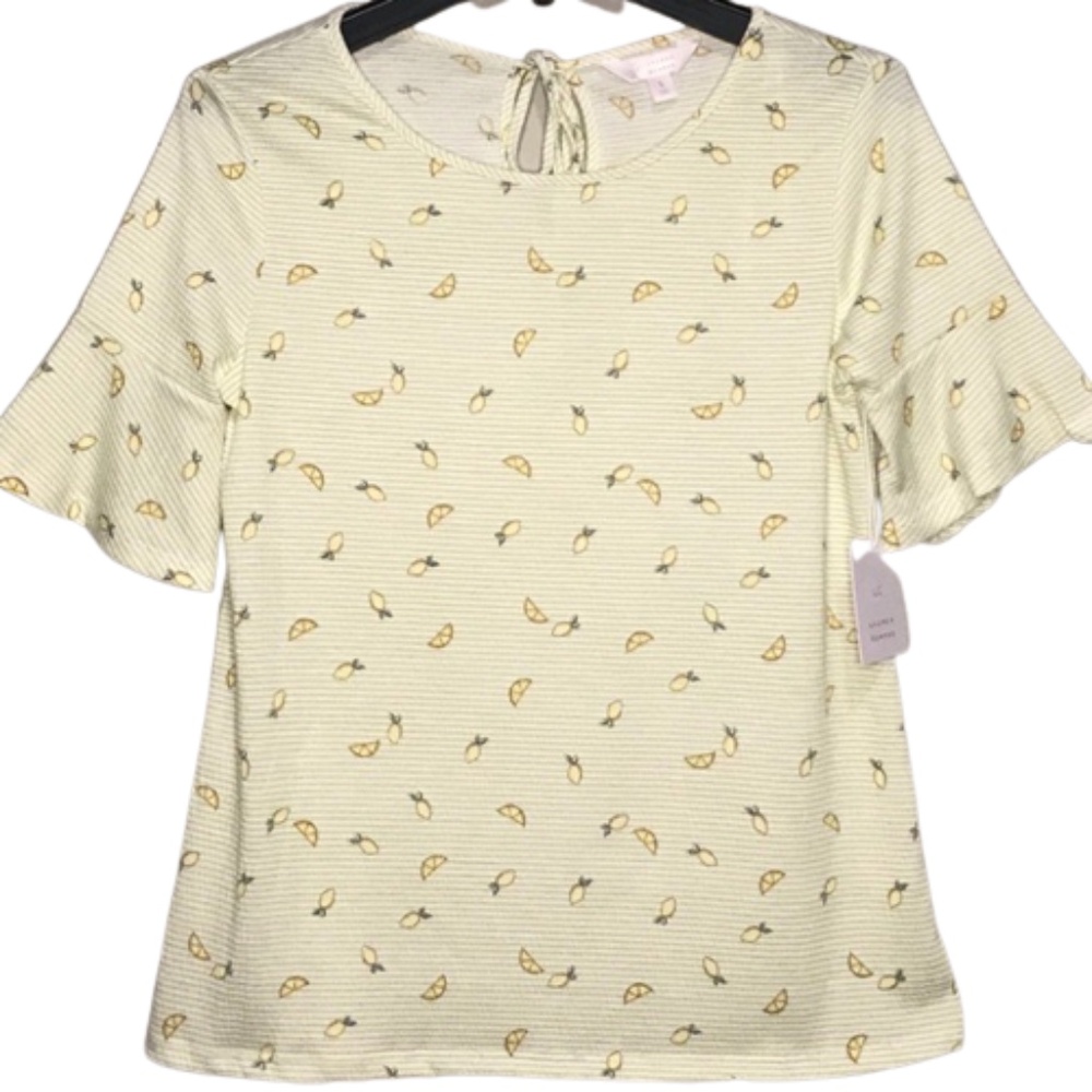 LC LAUREN CONRAD Petite Top Stripe Bell Sleeve Tie-Back Lemon Yellow - Picture 5 of 10